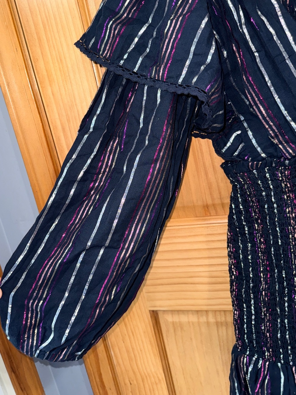 NWT FARM Rio Lurex Stripes Mini Dress w/one shoulder/ruffles/smocked bodice/-S - Picture 11 of 16